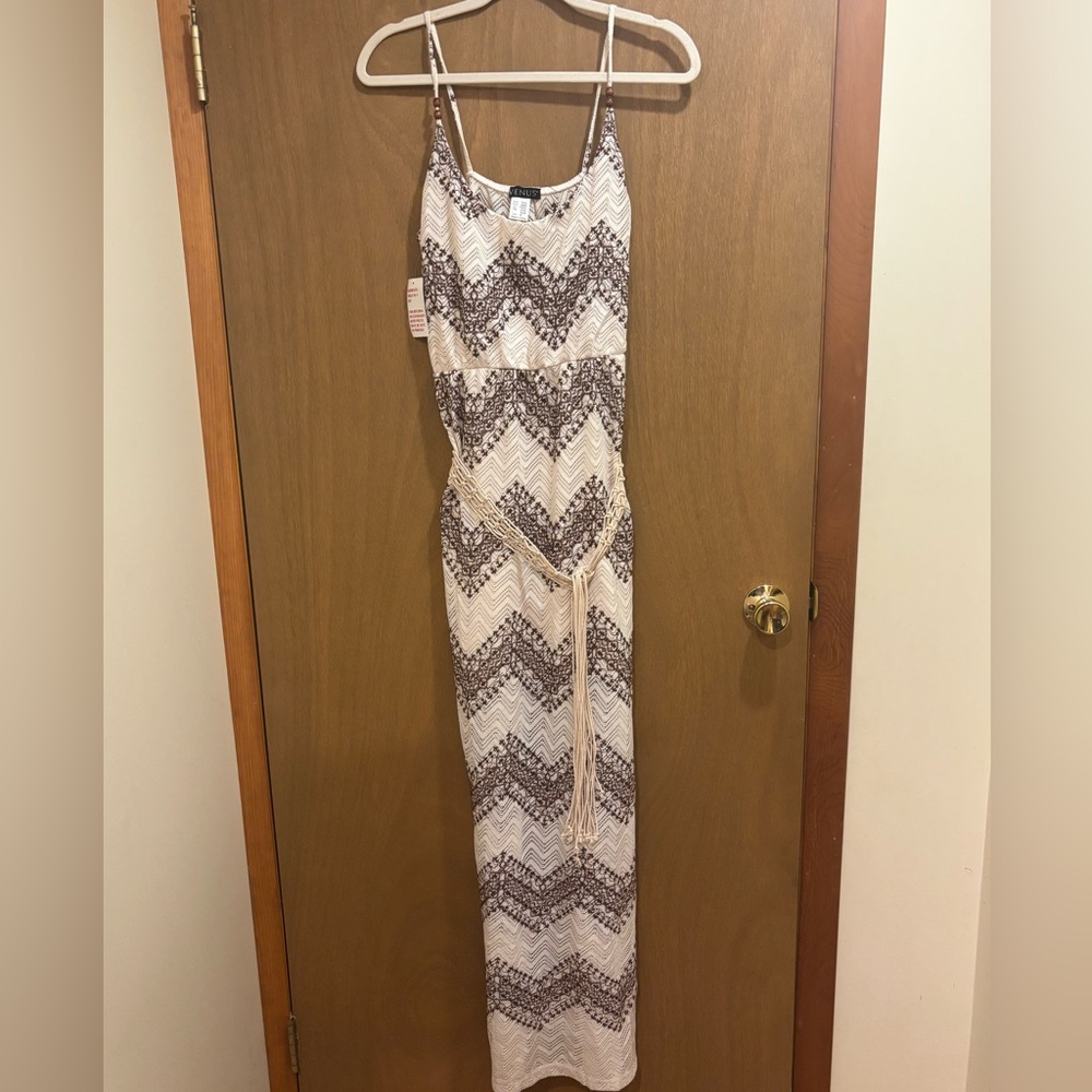 NWT VENUS Boho Chevron Crochet beaded Maxi Dress Cream Brown Medium